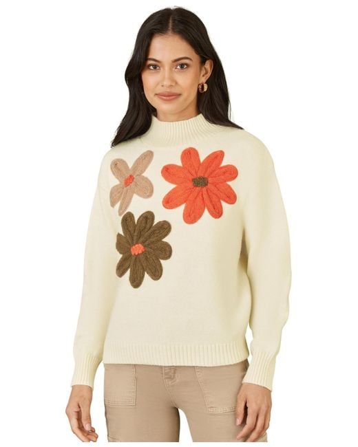 Yumi' Natural Floral Detail High Neck Knit Sweater