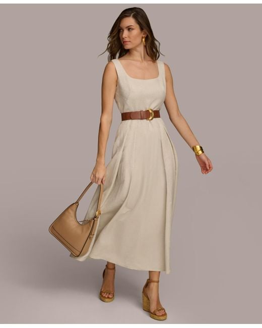 Donna Karan Natural Belted Linen-blend Sleeveless Fit & Flare Dress