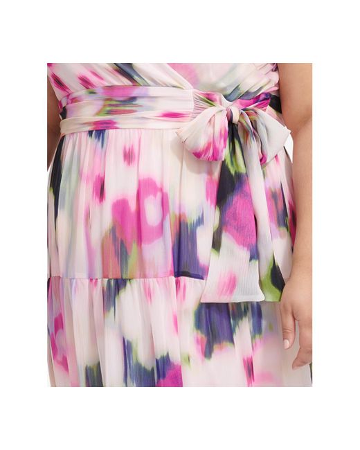 DKNY Pink Plus Size Printed Flutter-sleeve Chiffon Maxi Dress