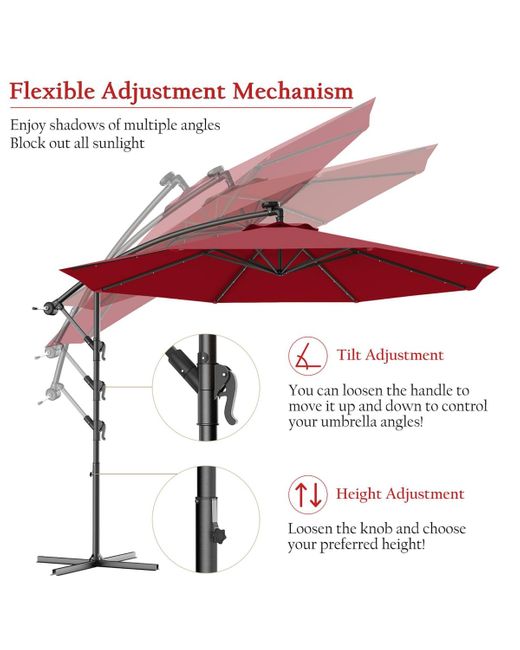 COSTWAY Blue 10' Hanging Solar Led Umbrella Patio Sun Shade Offset Market W/base