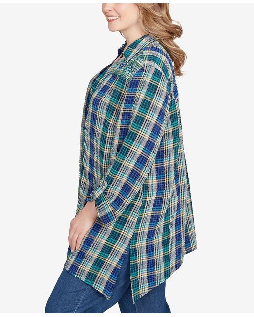 Ruby Rd Blue Plus Size Embroidered Plaid Button Down Top