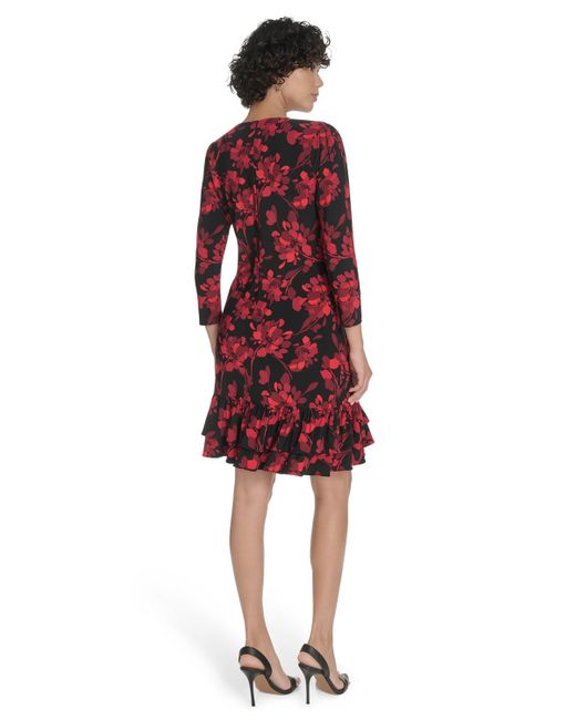 Tommy Hilfiger Red Petite 3/4-sleeve Ruffle-hem Shift Dress