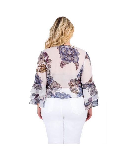 Standards & Practices White Plus Size Floral Print Chiffon Flare Sleeve Blouse