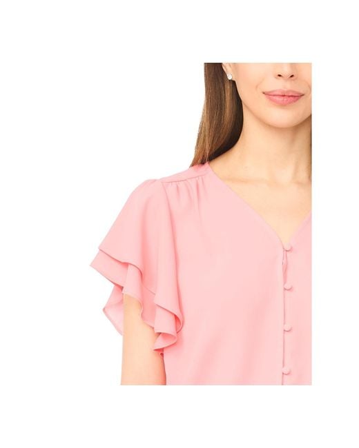Cece Red V-neck Double Flutter Sleeves Top