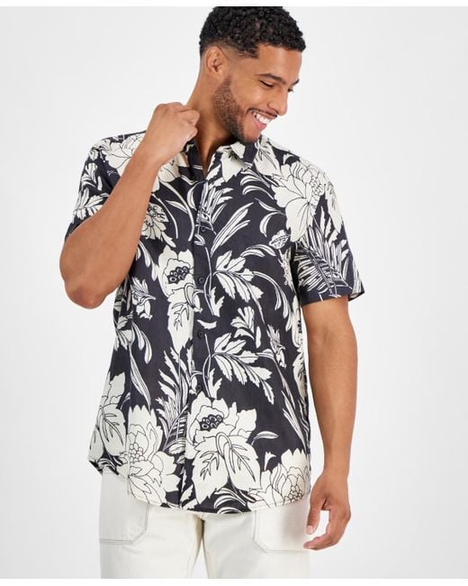 Guess Blue Island Botanical-print Button-down Linen Shirt for men