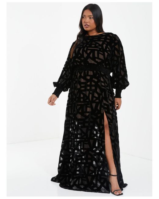 Quiz Black Plus Size Geo Velvet Maxi Dress