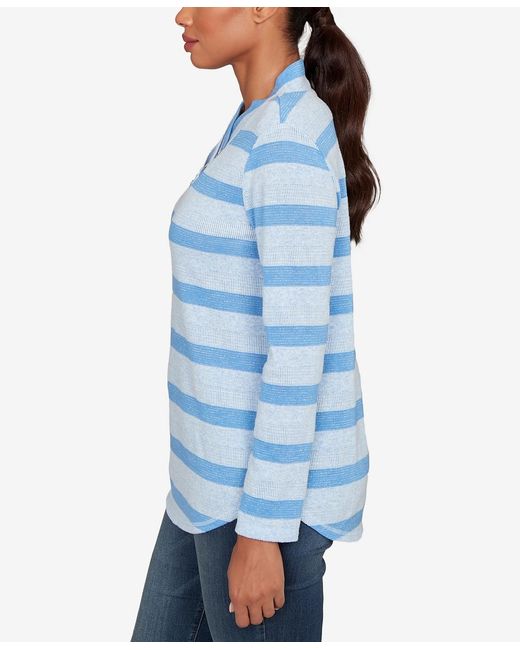 Ruby Rd Blue Petite Metallic Stripe Button Accent Knit Top