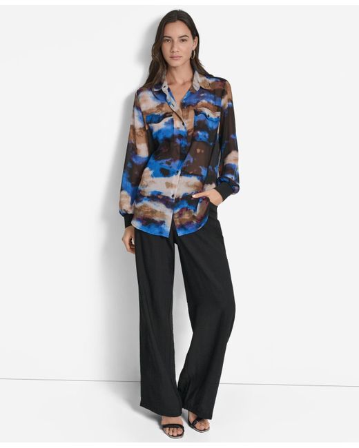 DKNY Blue Printed Button-front Long-sleeve Shirt
