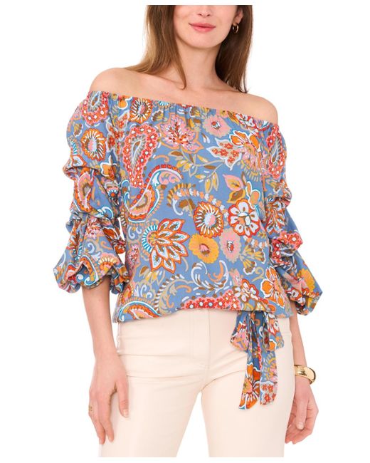 Vince Camuto Red Printed Off The Shoulder Bubble Sleeve Tie Front Blouse