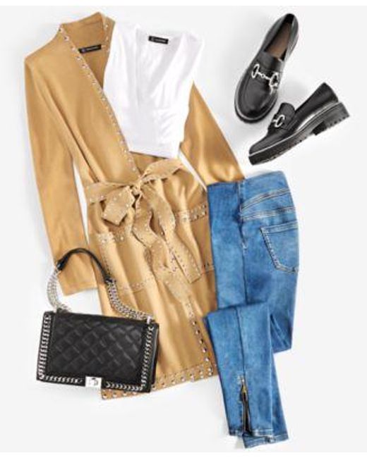 INC International Concepts White Ribbed Top Studded Cardigan Mid Rise Skinny Jeans Visala Loafers Created For Macys