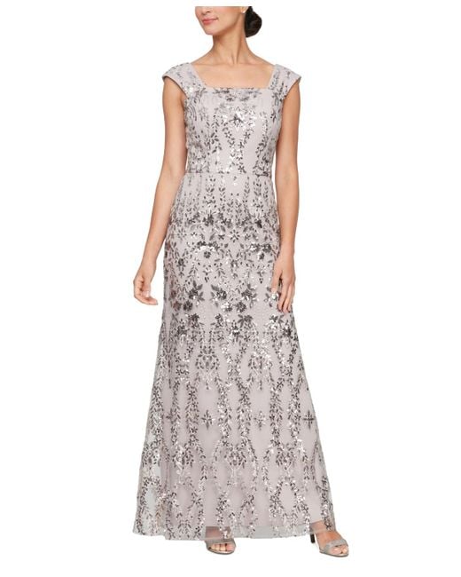Alex Evenings Purple Sequined Embroidered Square-neck Gown