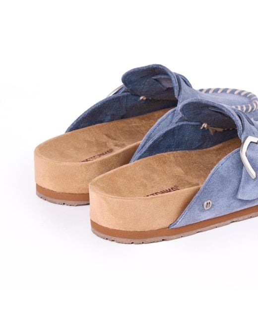 Minnetonka Blue Suede Adjustable Buckle Clogs