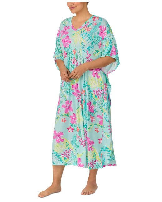 Ellen Tracy Blue Plus Size Floral V-neck Caftan Nightgown
