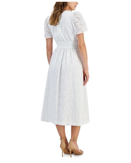 Anne Klein White Cotton Embroidered Eyelet Midi Dress