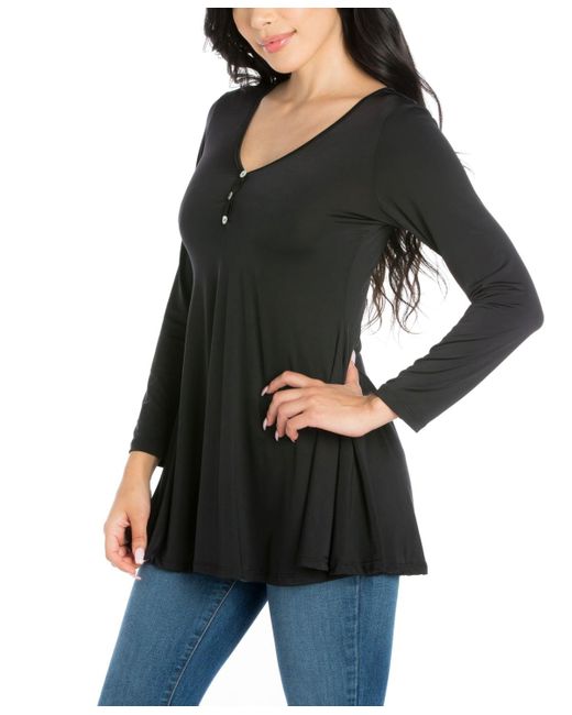 24seven Comfort Apparel Black Flared Long Sleeve Henley Tunic Top