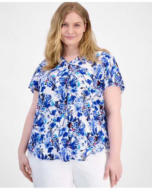 Anne Klein Blue Plus Size Printed Flutter-sleeve Top