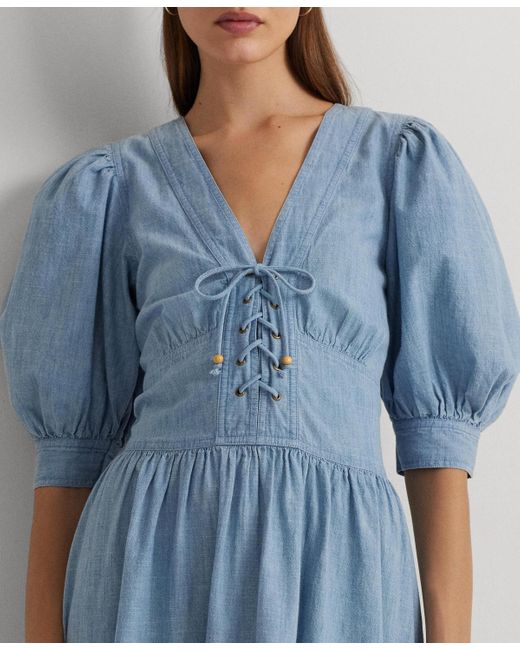 Lauren by Ralph Lauren Blue Cotton Puff-sleeve Dress