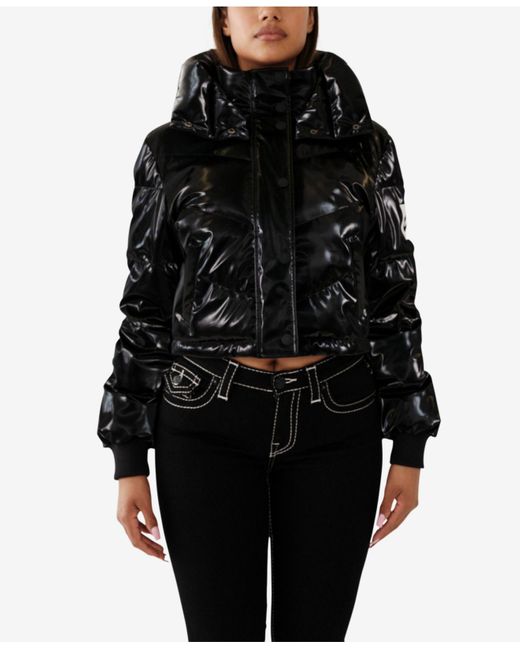 True Religion Double Collar Shiny Puffer Jacket in Black Lyst