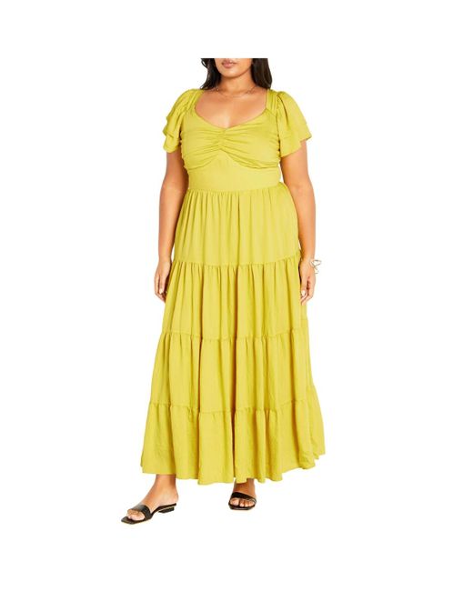 City Chic Yellow Plus Size Ariella Flutter Sleeves Tier Maxi Dress