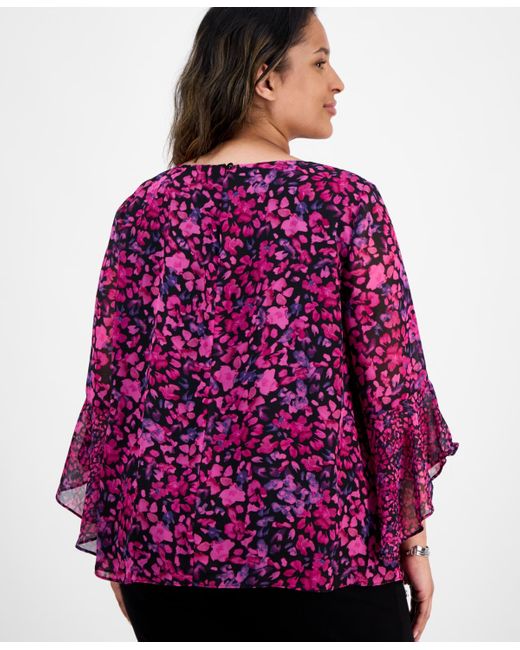 Kasper Purple Plus Size Bell-sleeve Ditsy-print Top