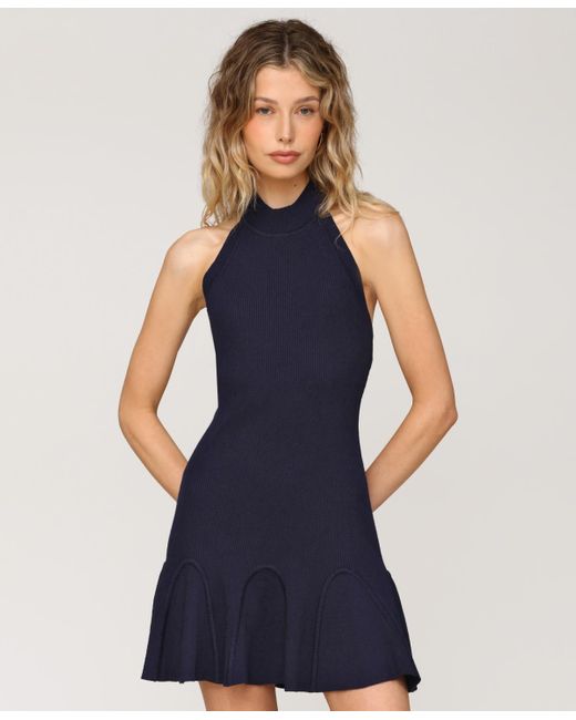 Avec Les Filles Women's Blue Sleeveless Halter Ribbed Knit Mini Dress