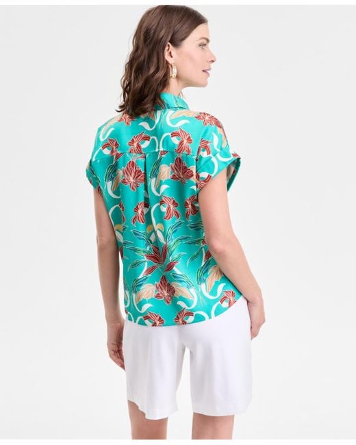 INC International Concepts Blue Printed Button-down Camp Shirt