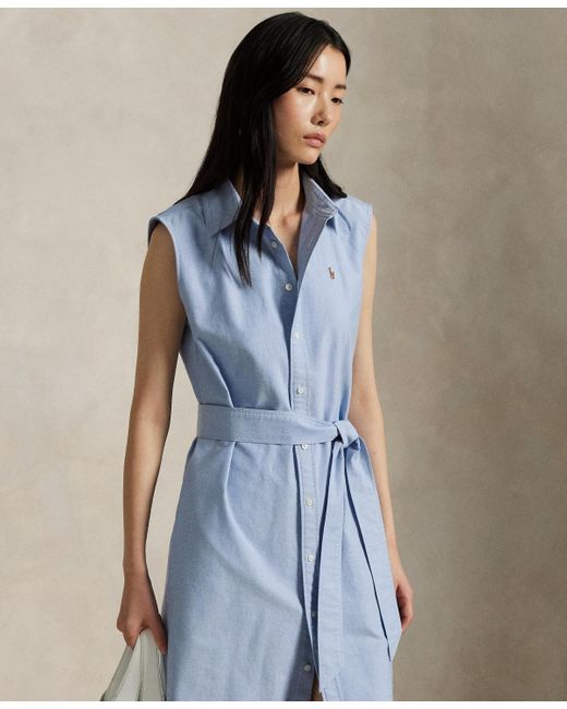 Polo Ralph Lauren Blue Belted Oxford Sleeveless Shirtdress