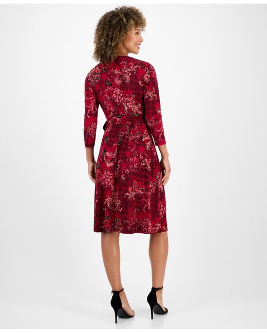 Kasper Red Printed 3/4-sleeve Midi Dress
