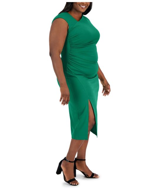 Anne Klein Green Plus Size Asymmetrical-neck Midi Dress
