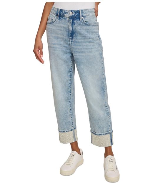 Karl Lagerfeld Blue High-rise Crystal-cuff Jeans