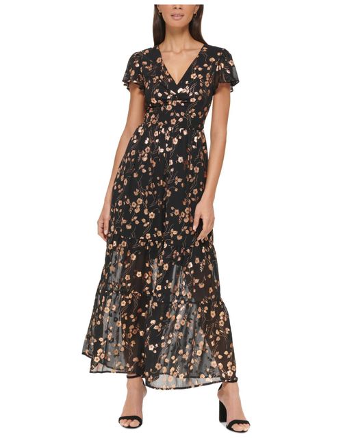 Kensie Black Floral Tiered-skirt V-neck Maxi Dress