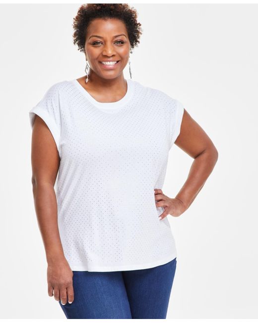 INC International Concepts White Plus Size Rhinestone Rolled-sleeve Top