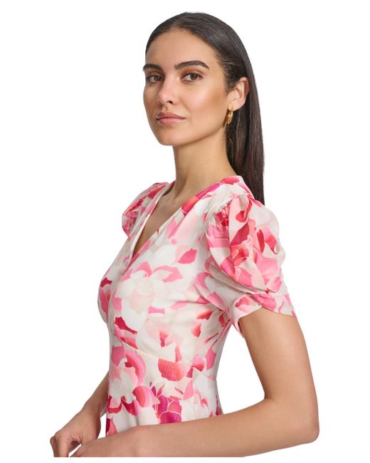 Calvin Klein Pink Petite Printed V-neck Short-sleeve A-line Dress