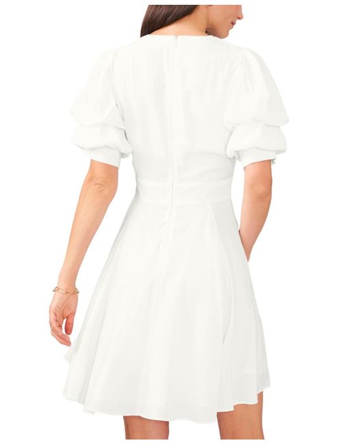 1.STATE White V-neck Tiered Bubble Puff Sleeve Mini Dress