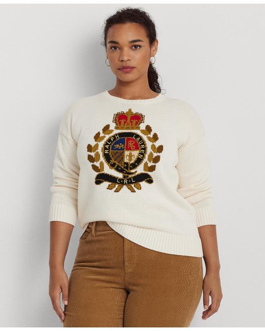 Lauren by Ralph Lauren Plus Size Intarsia-knit Crest Sweater in White | Lyst