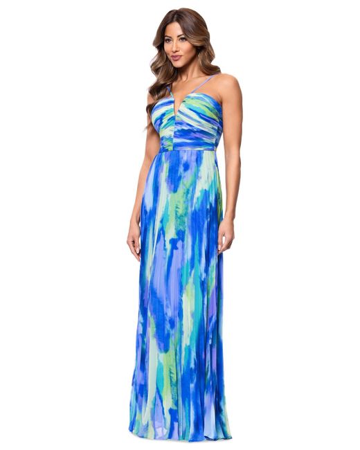 Xscape Blue Pleated Halter Gown