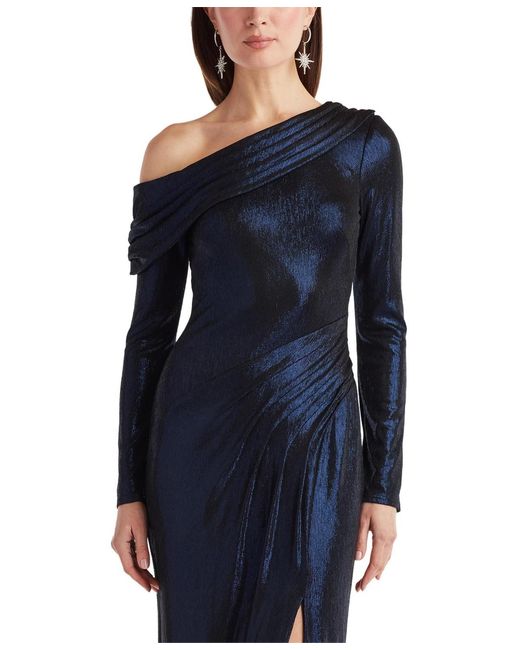 Tadashi Shoji Blue Toryn Metallic Pleated Draped Gown.