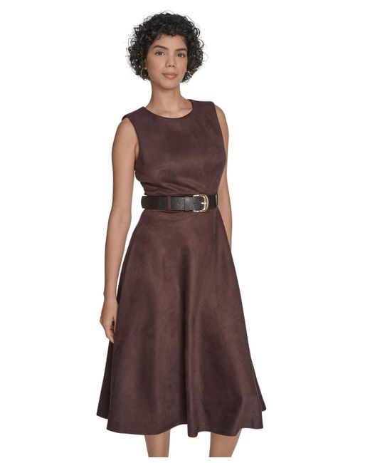 Calvin Klein Belted Midi Dress in Brown | Lyst Calvin Klein Belted Midi Dress in Brown | Lyst