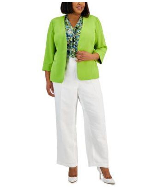 Kasper Green Plus Size Stretch Crepe Jacket Printed Knot Front Blouse Pull On Pants