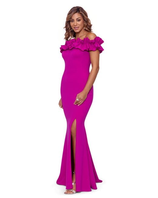 Xscape Pink Long Crepe Off The Shoulder Ruffle Gown Shorts