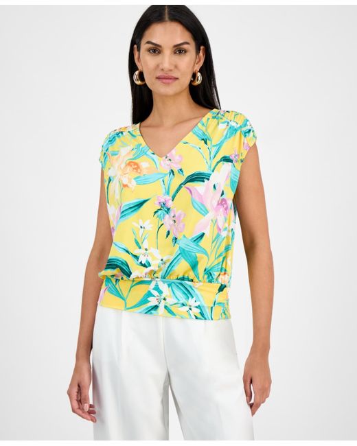 INC International Concepts Green Printed Ruched Cap-sleeve Top