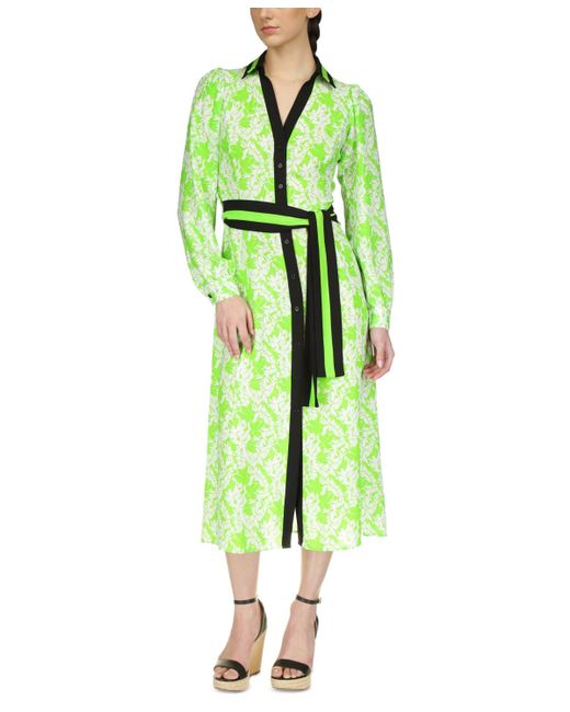 Michael Kors Michael Palm Printed Belted Midi Dress in Green | Lyst