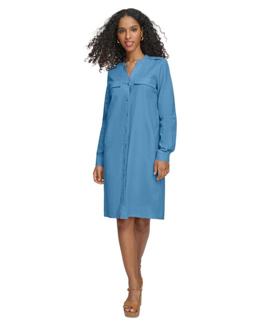 Calvin Klein Pink Roll-tab-sleeve Button-front Shirtdress