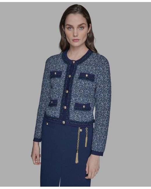 Karl Lagerfeld Women's Blue Textured-knit Button-front Sweater