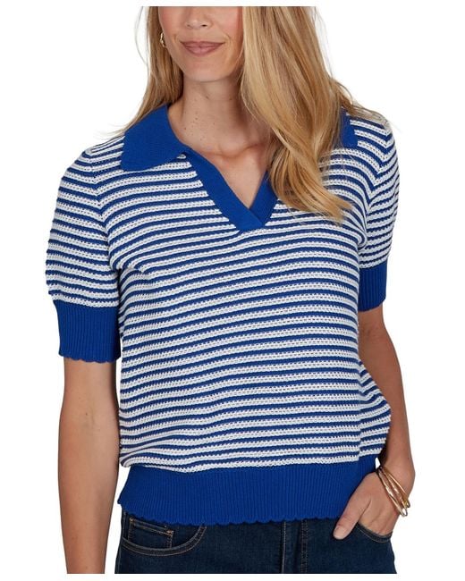 Ruby Rd Blue Petite Two-tone Collared Elbow-sleeve Sweater