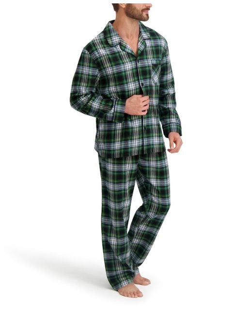 Hanes Green Flannel Button Down Pajama Sleep Set for men