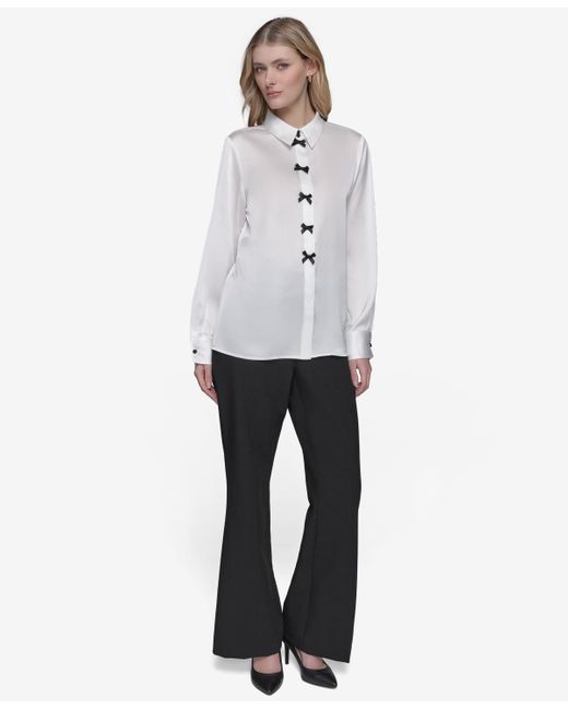 Karl Lagerfeld Gray Bow-detail Collared Button-down Blouse