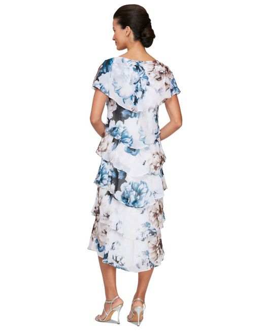 Sl Fashions Blue Floral-print Tiered Midi Dress