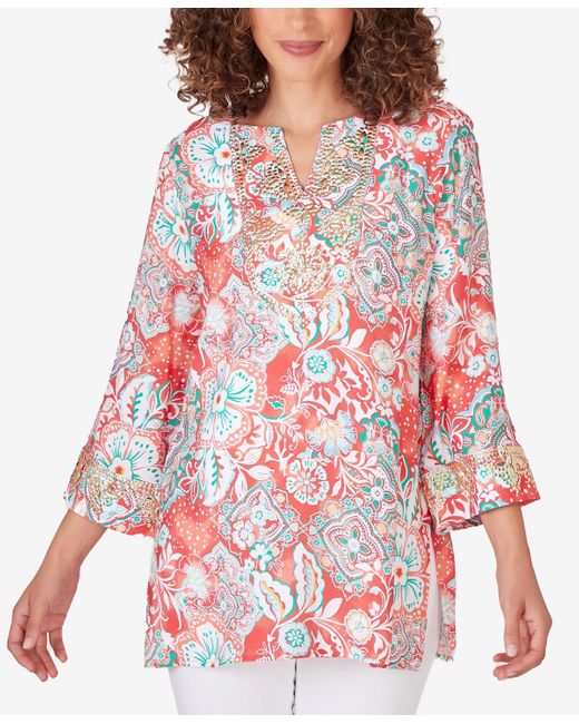 Ruby Rd Red Petite Silky Floral Voile Top