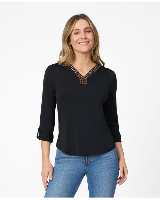 Cable & Gauge Black Lace Trim Roll Tab Sleeve Top